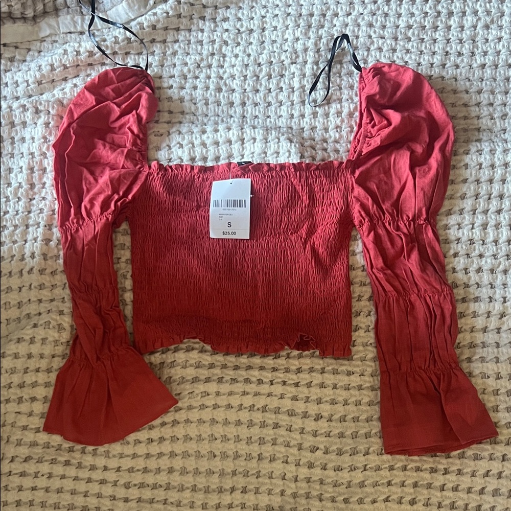 Forever 21 Red Smocked Blouse with Puff Sleeves